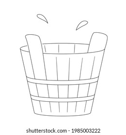 Wooden tub or basin for use in a sauna or steam room. Contour black and white isolated illustration in doodle style on white background.