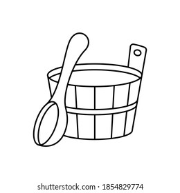 Wooden tub and bath ladle. Sauna emblem. Linear icon of classic accessory for Russian banya. Black simple illustration of spoon, bucket with handle. Contour isolated vector pictogram, white background