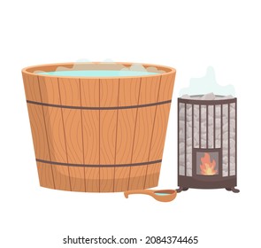 Bañera de madera para el baño. Caca, cubo con agua caliente y horno con fuego. Icono de la cuenca del agua de la sauna. Bañera de baño. Tratamiento de bienestar en barril de agua de madera. Cuidado de la piel, terapia de cuidados corporales