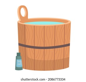 Wooden tub for bath. Pot, bucket with blue water. Cracks in boards. Sauna water basin icon. Bathhouse element bathtube. Wellness spa procedures in wooden water barrel. Vat made with plank isolated