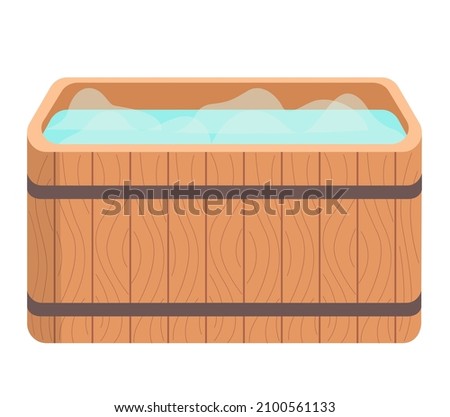 Wooden tub for bath. Pot, bucket with blue water. Cracks in boards. Sauna water basin icon. Bathhouse element bathtube. Wellness spa procedures in wooden water barrel. Vat made with plank isolated