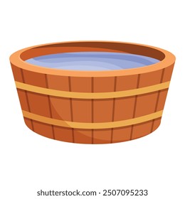 Wooden tub is filled with water, offering a place to soak and unwind