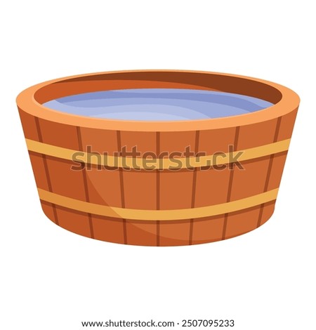 Wooden tub is filled with water, offering a place to soak and unwind