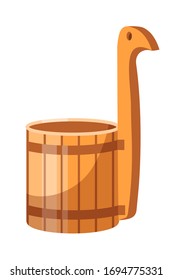 Wooden tub ladle for bathhouse and sauna. Wood equipment isolated on white background. Health procedure. Hygiene, spa and healthy body. Stress relief and good bath mood. Attendant traditional tool