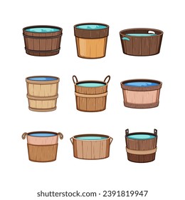 wooden tub set cartoon. hot bath, container spa, barrel bucket wooden tub sign. isolated symbol vector illustration