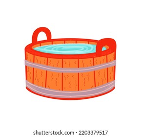 A wooden tub with water, a color drawing of a container, on a transparent background, for design and print