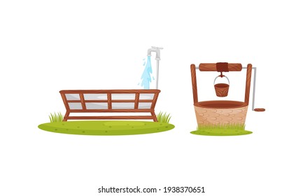 Wooden Tub with Water Pouring and Well with Bucket as Farm Elements Vector Set