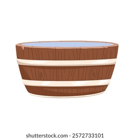 Wooden tub with water, rustic baths, woodens basins round handmade bathtub for wash, sauna steam spa bathroom. Vector cartoon illustration of bucket or barrel. Isolated on white
