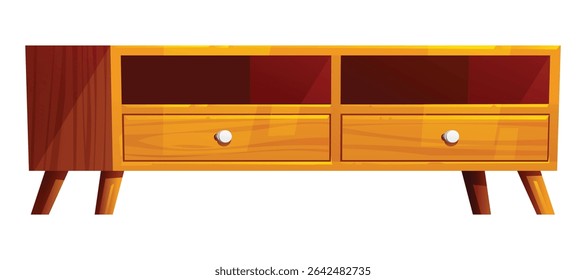 Wooden TV cabinet with open shelves and two drawers for living room interior. Vector cartoon illustration