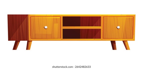 Wooden TV cabinet with two compartments on each side and open shelves in the middle. Vector cartoon illustration