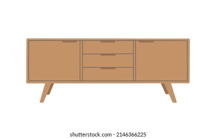 Wooden TV stand. Can also be used for furniture design. Furniture, bedroom interior element. Flat design, hand drawn cartoon, vector illustration.