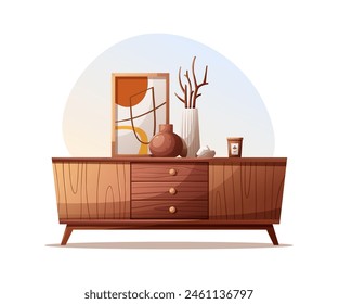 Wooden tv stand and decorative vases. Interior design, furniture, living room, home decor concept. Isolated Vector illustration.