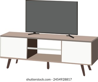 Holz-TV-Tisch isoliert auf weißem Hintergrund mit TV. TV-Stand . Fernseher mit leerem Bildschirm im Wohnzimmer