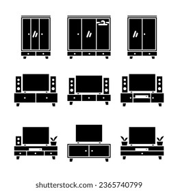 Wooden TV Table and Wardrobe Furniture Glyph Icon Set