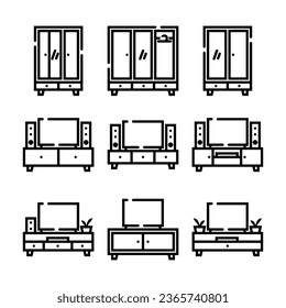 Wooden TV Table and Wardrobe Furniture Line Icon Set