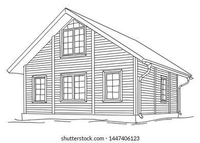 Wooden two floor house. Vector drawing isolated on white background.