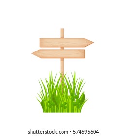 Wooden two opposite arrows signboard with knots and cracks on a pole at the grass lawn vector illustration
