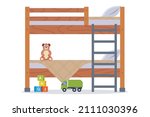wooden two-story children bed. sleeping place for children. flat vector illustration.