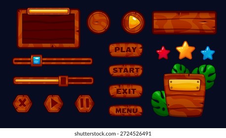 IU de madeira. Interface rústica do jogo. Botão Desenho Animado. Menu Painel. Ícone de plataforma. Design da moldura do banner. Jogue e pare sinais de madeira. Barra indicadora. Caixa de registro. Placa de madeira GUI. Conjunto de elementos de recurso organizado para jogos vetoriais