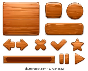 Wooden UI. Wood textured plate frame, cartoon banner panel and game buttons. Arrow, star and play stop button vector illustration set. Assets of different shapes, kit for playing, gui elements