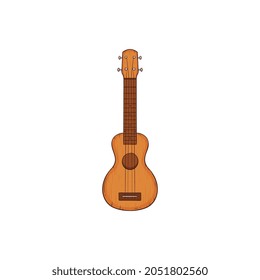 Wooden ukulele guitar the traditional musical instrument from Hawaii. Small hawaiian guitar front view, flat cartoon vector illustration isolated on white background.