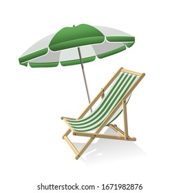 Wooden umbrella and deck chair. Summer trip, sea vacation and tropical travel concept. Vector illustration isolated.