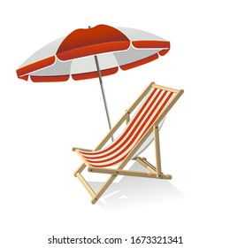 Wooden umbrella and deck chair. Summer trip, sea vacation and tropical travel concept. Vector illustration isolated.