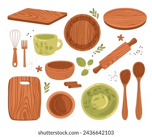 Wooden utensils, natural kitchenware for cooking, culinary tools made of wood eco-friendly green material set isolated on white background. Timber equipment for food preparation vector illustration