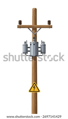 A wooden utility pole with a transformer and electrical components, featuring a warning sign.