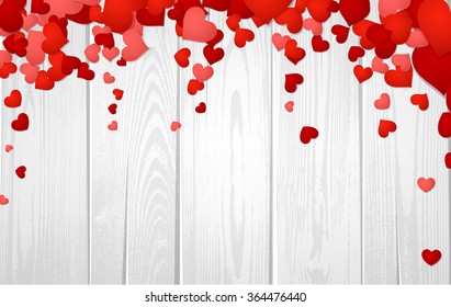 Wooden valentine's background with hearts. Vector paper illustration.