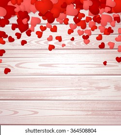 Wooden valentine's background with hearts. Vector paper illustration.