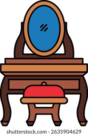 A wooden vanity with a mirror 