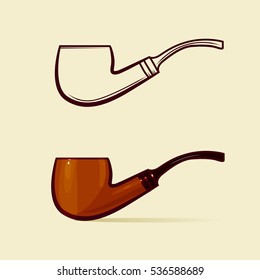 wooden varnished tobacco smoking pipe, line vector illustration isolated on background, realistic retro style wooden smoking pipe