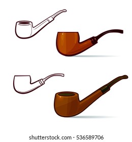 wooden varnished tobacco smoking pipe, line vector illustration isolated on white background, realistic retro style wooden smoking pipe