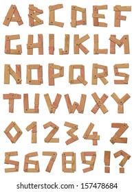 Wooden vector alphabet font A to Z and numbers set 0 to 9 made from strips of wood nailed together with the addition of an exclamation mark and question mark