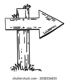 Flecha vectorial de madera con flores y pasto apuntando hacia el camino. Estilo de tinta grabado a mano.