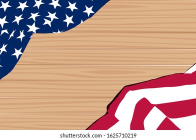 Wooden vector background and star-striped USA flag on it forming a frame.