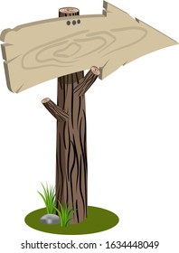 Wooden vector cartoon arrow on tree trunk. Blank poster sign illustration. Empty old wooden banner isolated on white