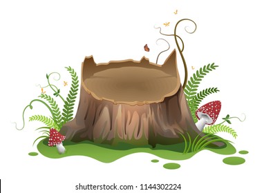 Wooden vector cartoon stump and amanita mushrooms. Isolated on white illustration