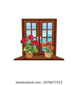 Vector de madera ventana cerrada con flores. Ilustración vectorial en estilo de línea de dibujos animados plana.