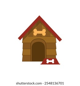 Wooden vector dog house. Doghouse made from wooden planks or boards in cartoon style isolated on white background. Dog kennel with bone attached above the door. House for pet or doggy. Flat vector