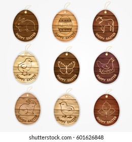 Wooden vector happy easter eggs labels collection with eastern symbols - bunny, hen, chicken, lamb.