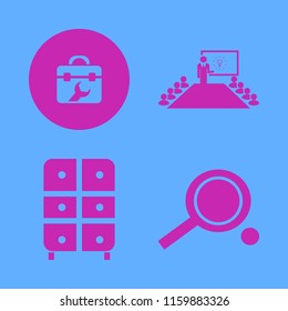 wooden vector icons set. with cabinet, present new idea, ping pong and toolbox in set