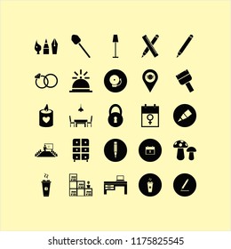 wooden vector icons set. with wedding rings, floor lamp, bookcase flower pot and drawing painting tools in set