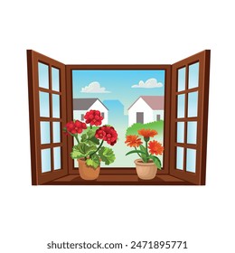 Wooden vector open window  with flowers. Vector illustration in flat cartoon line style.