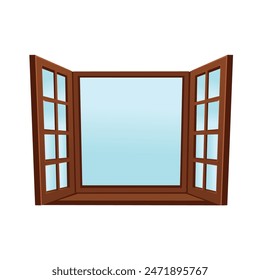 Wooden vector open window. Vector illustration in flat cartoon line style.