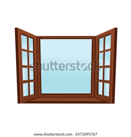 Wooden vector open window. Vector illustration in flat cartoon line style.