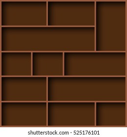 Wooden vector shelf. Empty bookshelf. In brown colors, vector background. For gallery, store, library or shop. Furniture.