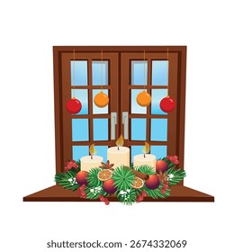 Janela de madeira vetorial. Janela de Natal. Janela fechada decorada para o Natal. Árvore de Natal, lanternas, cones, presentes. Festa de Natal. Conjunto de decorações vetoriais.
