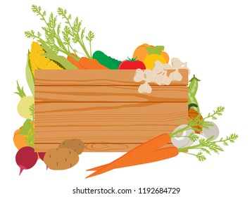 A wooden vegetables sign background surrounded by a border of fresh vegetables food produce